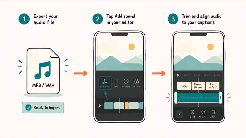 Exported voice file added through TikTok Add sound panel and trimmed to on-screen captions