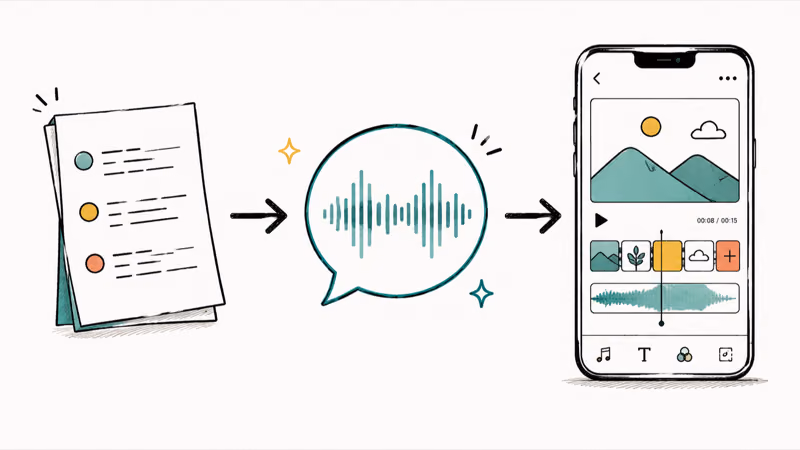 Script text flowing into a voice waveform then onto a short vertical video timeline