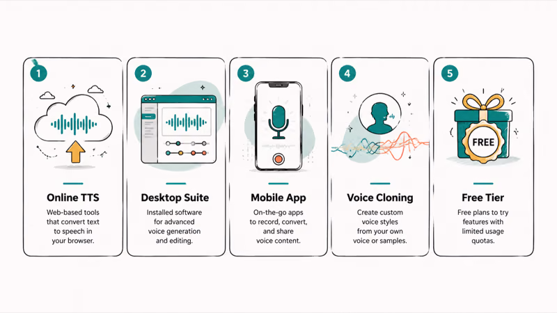 Five abstract TikTok voice generator category cards from online TTS to free tier tools