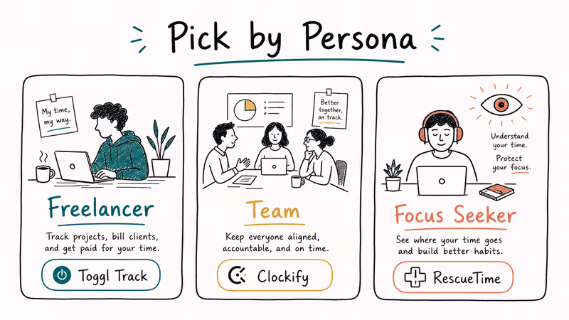 Three-card persona picker mapping freelancer team and focus seeker to Toggl Clockify and RescueTime.
