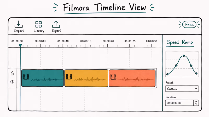Hand-drawn Filmora interface with toolbar timeline clips speed ramp panel and Free badge for timelapse editing.