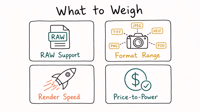 Four-card grid showing timelapse software picker criteria RAW support format range render speed and price to power.