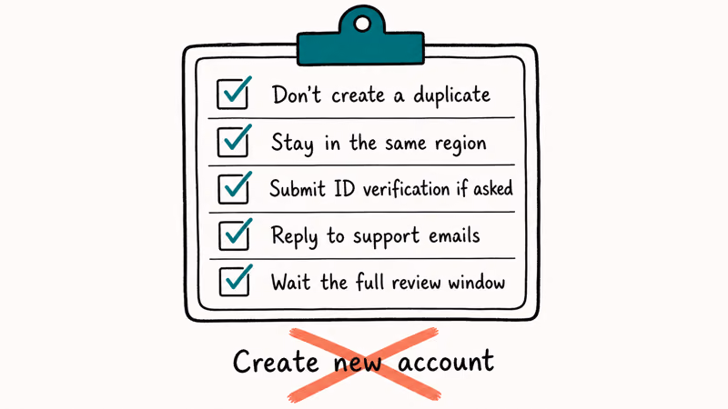 Clipboard with five teal checked action rows for Tinder account review plus coral X over creating duplicate account
