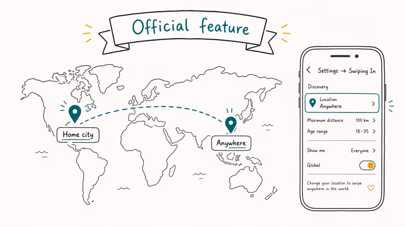 Map showing Tinder Passport allowing swiping in a different city as an official feature.