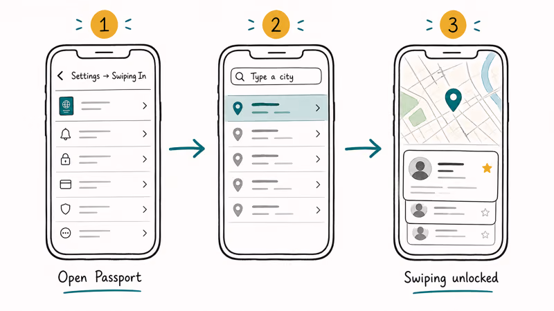 Three-step ribbon showing how to use Tinder Passport to swipe in a different city.