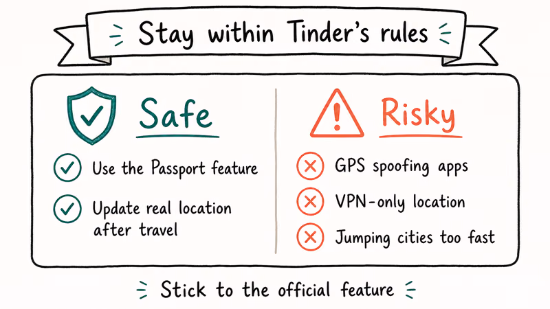 Two-column card comparing safe Tinder Passport use with risky GPS spoofing approaches that can trigger bans.