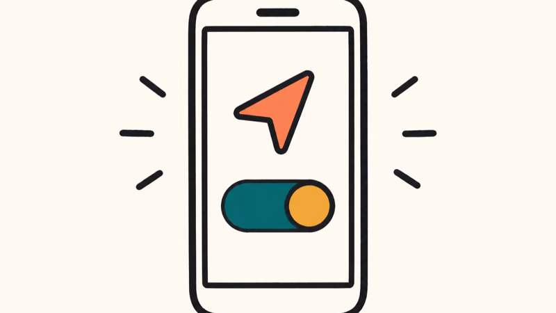 Hand-drawn phone with a location arrow and a toggle switched on