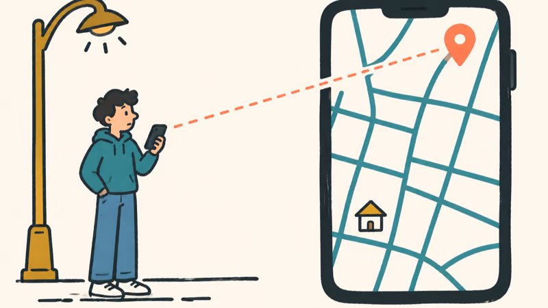 Hand-drawn person under a lamp while a phone map pins a distant house