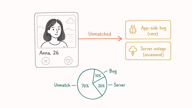 Faded Tinder profile card with coral unmatched arrow and teal pie chart showing reasons matches disappear distribution