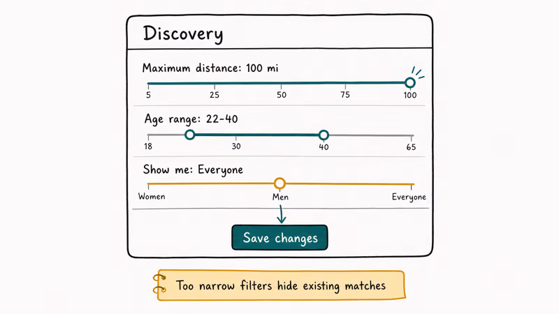 Tinder Discovery settings panel with three sliders for distance age range show me and save changes arrow tooltip