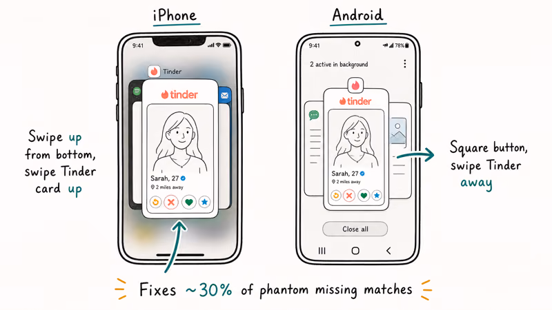 Two phone outlines iPhone and Android showing force close gesture steps for Tinder app with arrows and fix