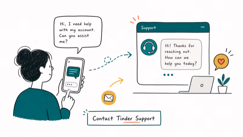 Hand-drawn illustration: Contact Tinder Support