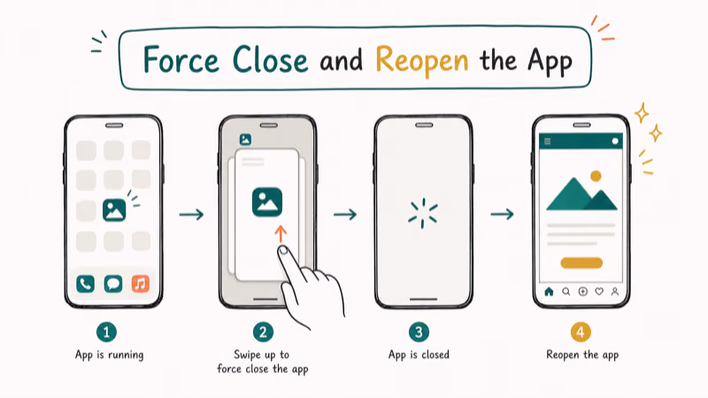 Hand-drawn illustration: Force Close and Reopen the App