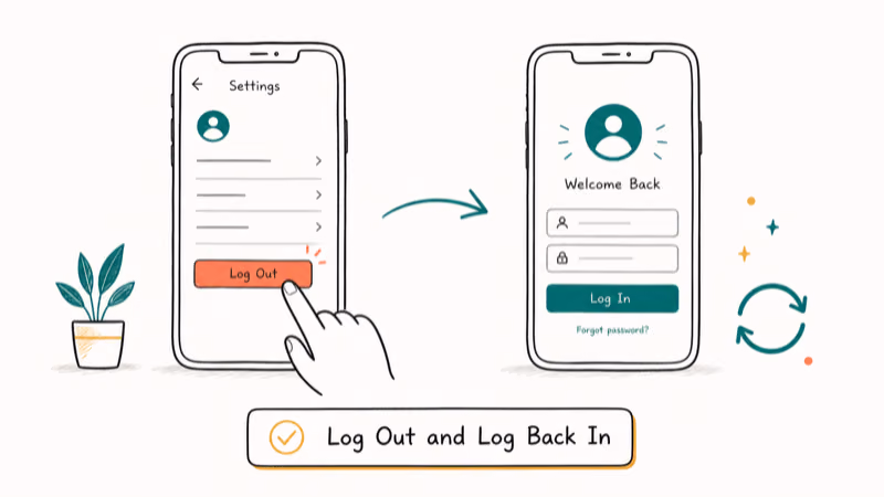 Hand-drawn illustration: Log Out and Log Back In