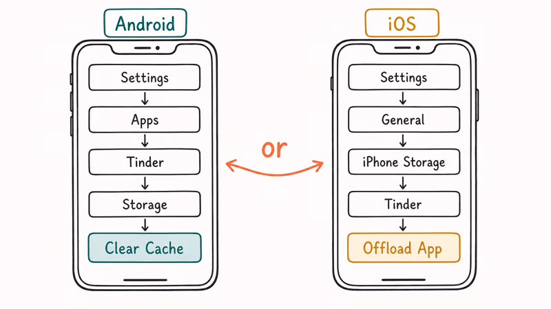 Side by side Android and iOS phones showing the cache clearing menu path for the Tinder app