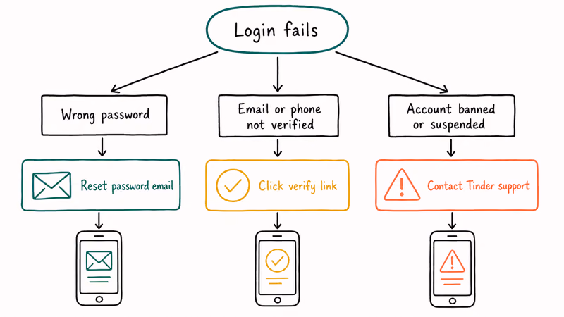 Decision flowchart showing three Tinder login failure paths and recovery actions for each