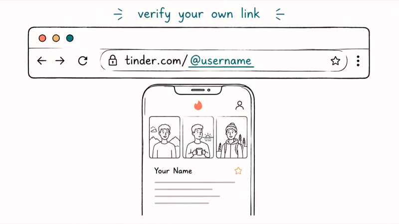 Browser address bar showing Tinder username URL pattern and a phone profile preview underneath for self verification