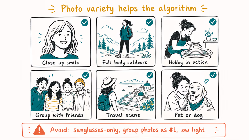 Grid of six recommended Tinder profile photo styles including close-up full body hobby and travel