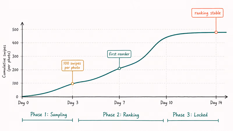 Timeline showing Smart Photos ranking progression from sampling through stable order over fourteen days