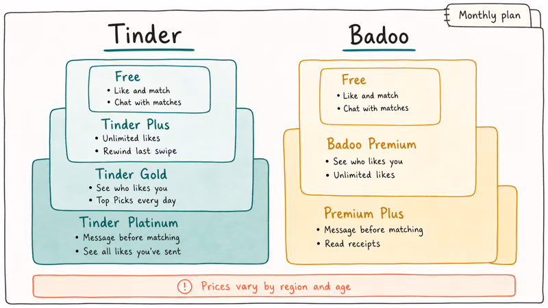 Pricing tier comparison chart for Tinder and Badoo across free Plus Gold Premium plans