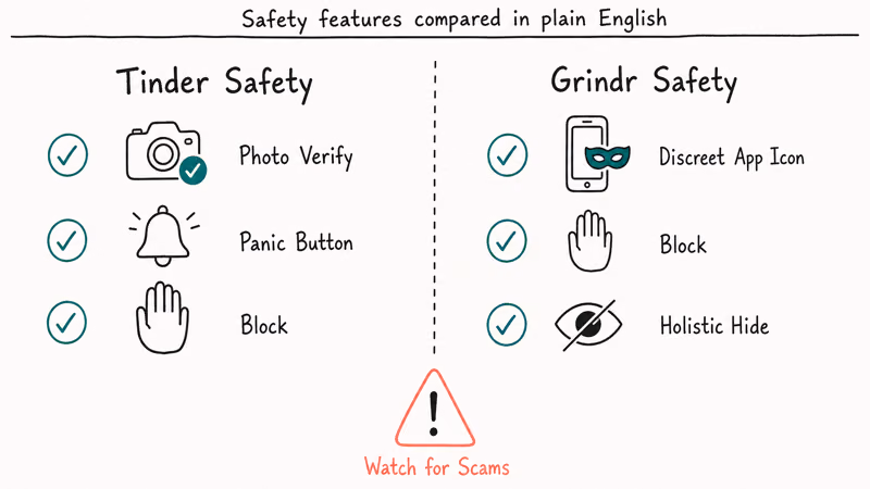 Split panel comparing Tinder safety features including photo verify against Grindr discreet icon hide and shared block tools.