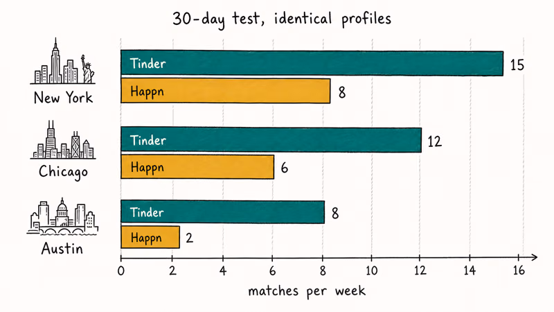 Grouped bar chart comparing weekly Tinder and Happn matches across New York Chicago and Austin
