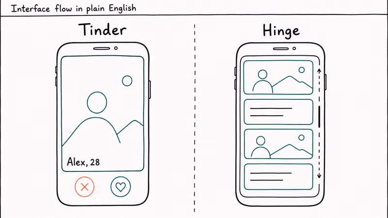 Two phone wireframes comparing Tinder single profile card UI against Hinge scrollable profile with prompts and photos.