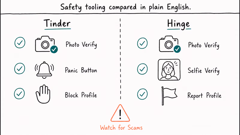 Split panel comparing Tinder safety tools panic button and photo verify against Hinge selfie verify and report tools.