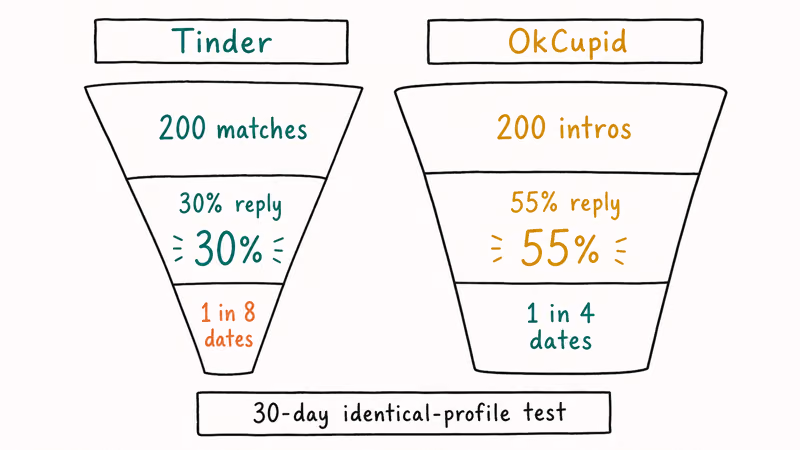 Funnel comparison of Tinder and OkCupid reply rates and first date conversion rates