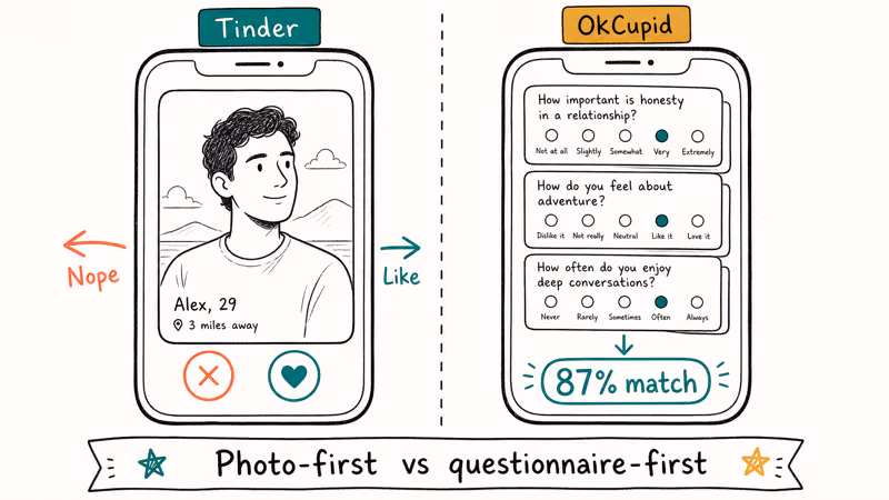 Side by side phones showing Tinder swipe interface and OkCupid questionnaire leading to a match score
