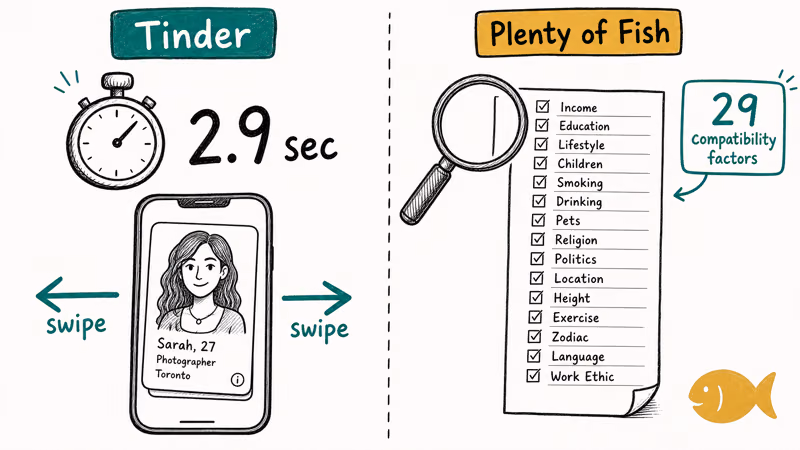Comparison of Tinder fast swipe decisions versus Plenty of Fish detailed compatibility analysis