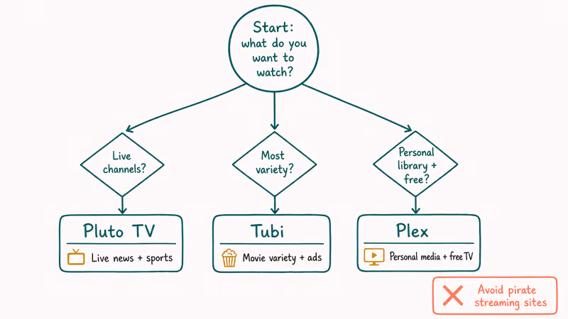 Decision tree guiding viewers from TinyZone needs to Tubi Pluto TV and Plex alternatives
