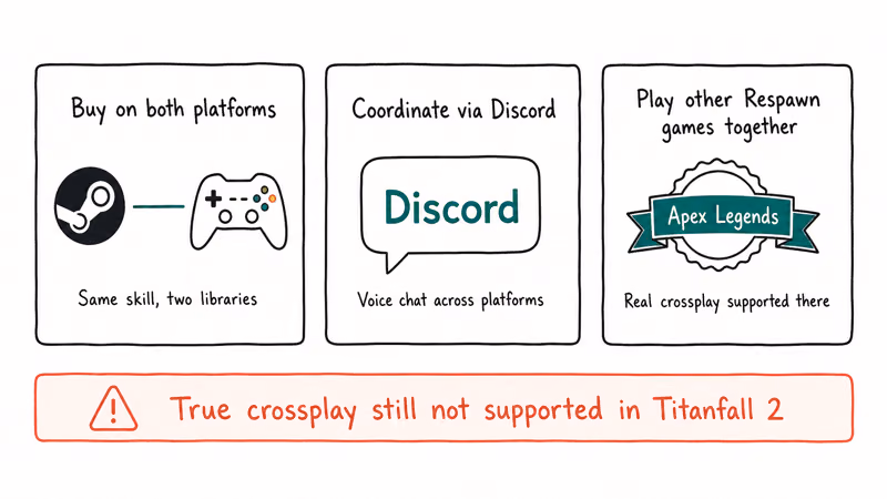 Three workaround cards for playing Titanfall 2 across platforms using dual purchase Discord and Apex