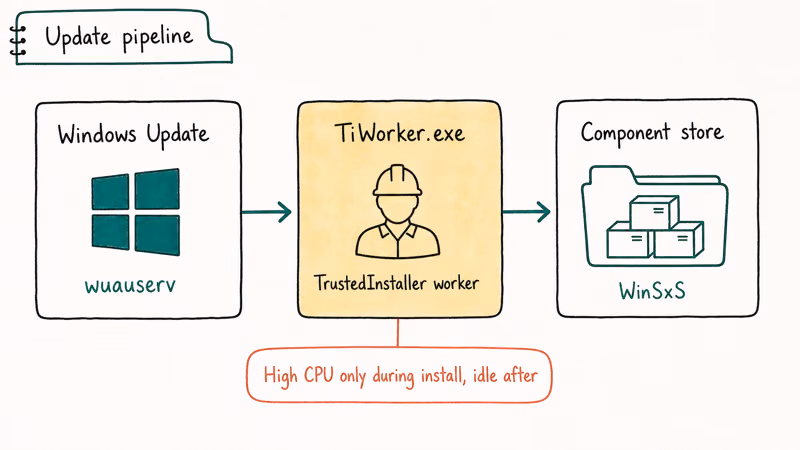 Diagram showing TiWorker.exe role between Windows Update service and installed component store