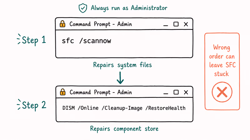 Two step terminal sequence showing SFC scannow followed by DISM RestoreHealth in elevated prompt