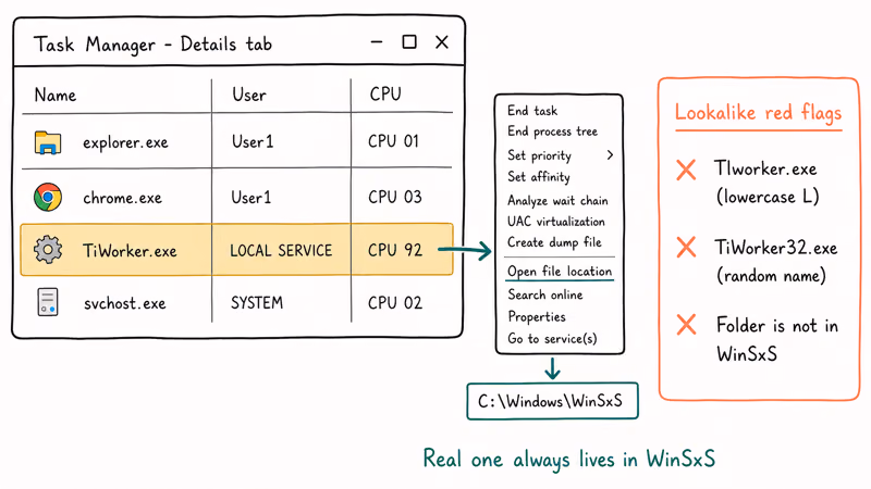 Task Manager view confirming TiWorker.exe location in WinSxS and warning against lookalikes