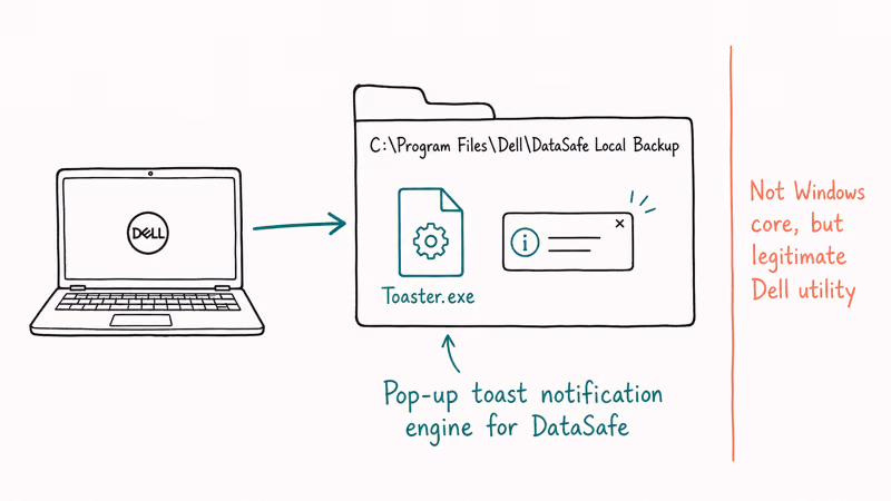 Diagram showing Toaster.exe origin inside Dell DataSafe Local Backup folder on Dell laptops