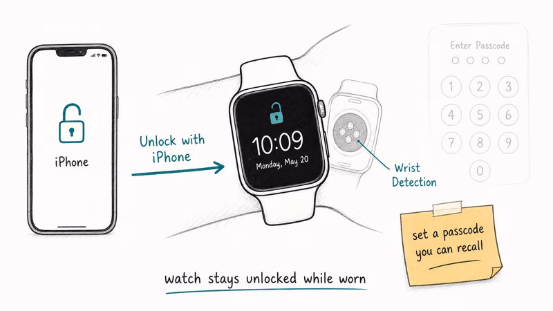 Apple Watch on wrist with iPhone unlock and wrist detection sensor preventing future Apple Watch passcode lockouts