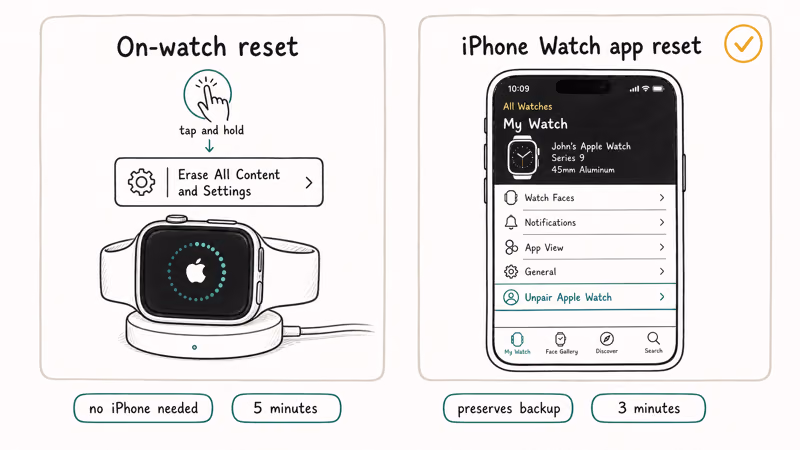 Two card comparison of Apple Watch on-watch reset versus iPhone Watch app unpair method with timing tags