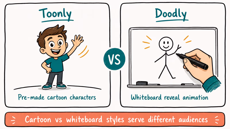 Side by side frames showing Toonly cartoon character animation versus Doodly whiteboard hand drawing