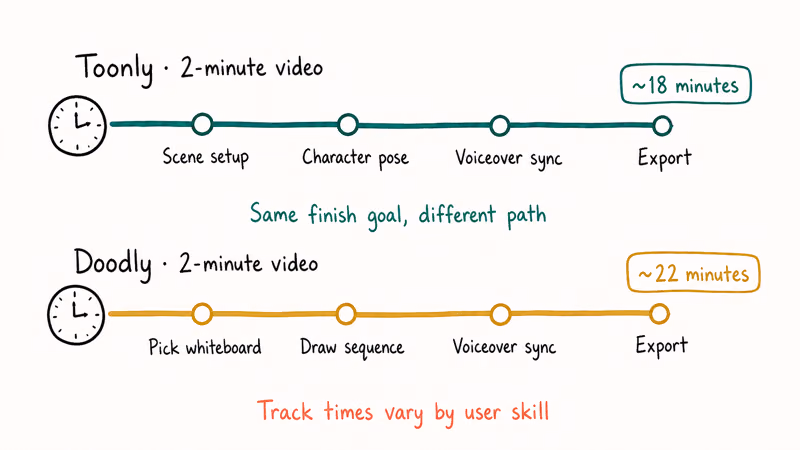 Two parallel timelines showing Toonly and Doodly workflow steps for finishing a two minute video