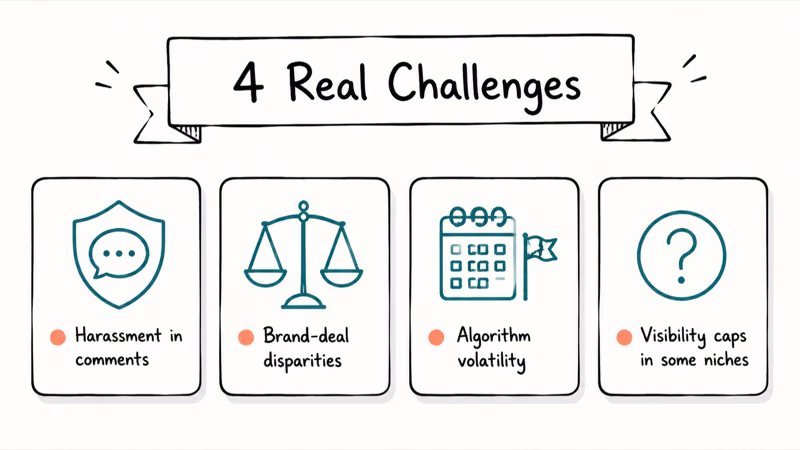 Four-icon hand-drawn row of common challenges female YouTubers face from harassment to algorithm volatility.