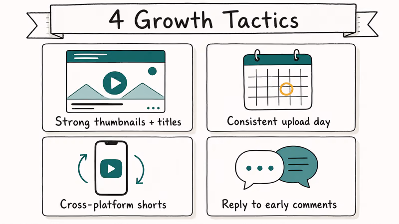 Four-card grid of YouTube growth tactics including thumbnails consistency cross-platform shorts and comment replies.