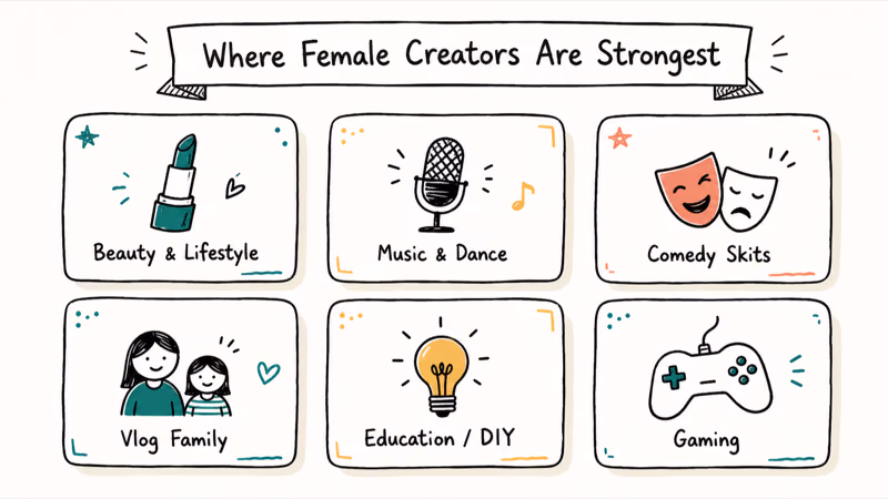 Six-tile grid of dominant YouTube content categories for female creators including beauty music and vlog.