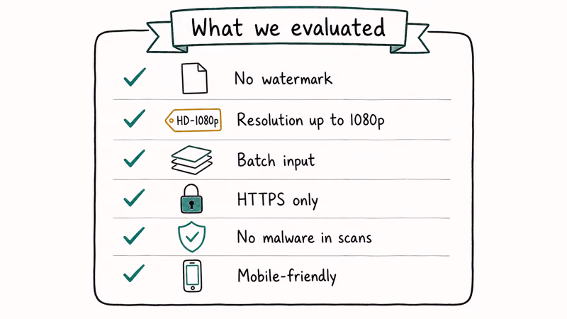 Checklist card showing six criteria evaluated for URL to MP4 converters.