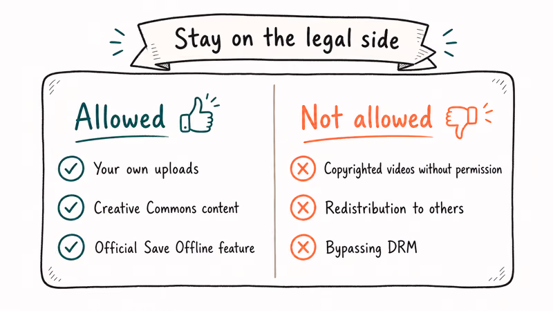 Two-column legality card distinguishing allowed and not-allowed sources for URL to MP4 conversion.