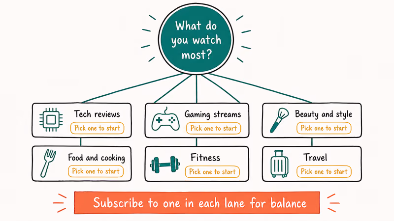 Decision tree helping viewers pick first YouTube vlogger by niche across tech gaming beauty food fitness travel