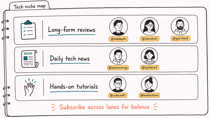Three lane diagram mapping tech YouTubers by long-form reviews news and hands-on tutorial styles