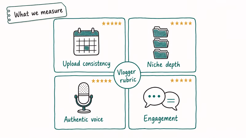 Four quadrant scoring rubric showing what makes a YouTube vlogger worth subscribing to in 2026
