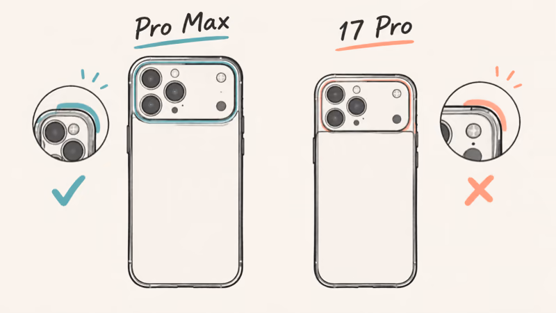 iPhone 17 Pro Max outline versus smaller 17 Pro case cut around camera plateau